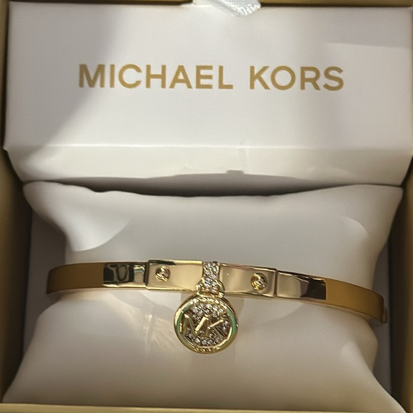 Michael Kors gold dangly pave MK charm hinged bangle. - Picture 1 of 4